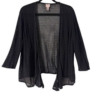 Chico’s XL black open cardigan semi-sheer rib knit bracelet sleeve slight waterf